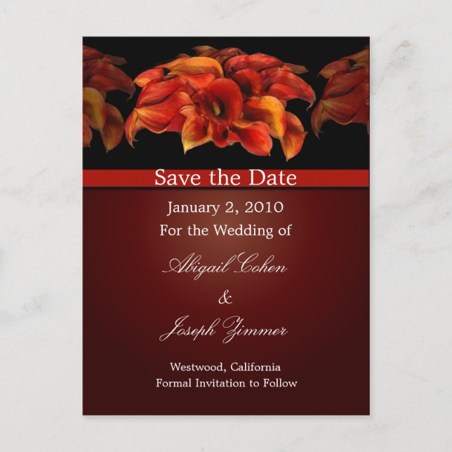 Save the Date Postkarten, orangefarbene Calla-Lili Ankündigungspostkarte (Vorderseite)