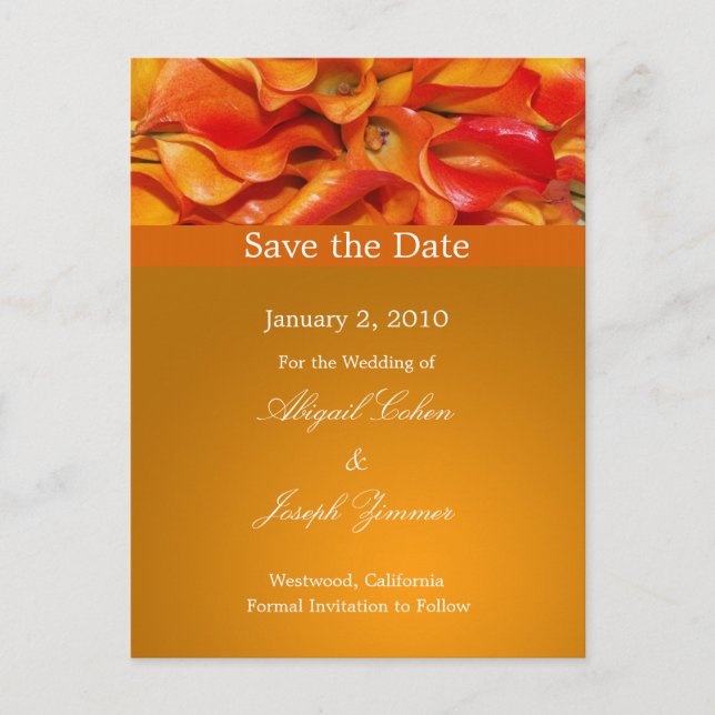 Save the Date Postkarten, orangefarbene Calla-Lili Ankündigungspostkarte (Vorderseite)