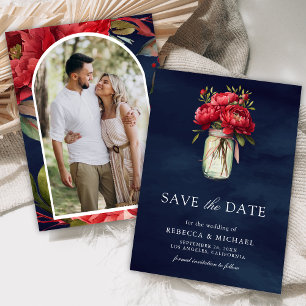 Save The Date Pot de fleurs Pivoine Rouge en Bocal Mason Bleu Ma