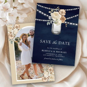 Save The Date Pot Mason Fleuris en Ivoire Photo Mariage Bleu Nui