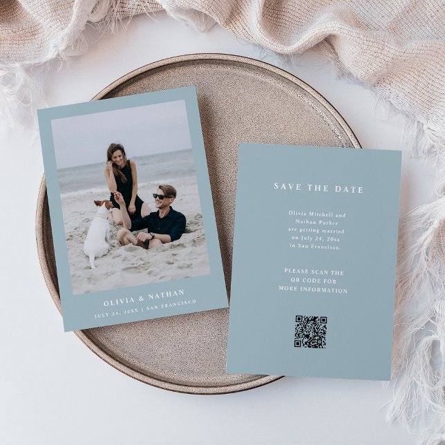 Save The Date Poudre Bleu Élégant Texte et Photo Mariage QR Code (Créateur téléchargé)