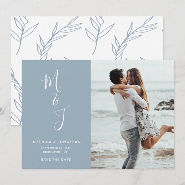 Save The Date Poudre Moderne Bleu Mariage Botanique Enregistrer  (Devant / Derrière)