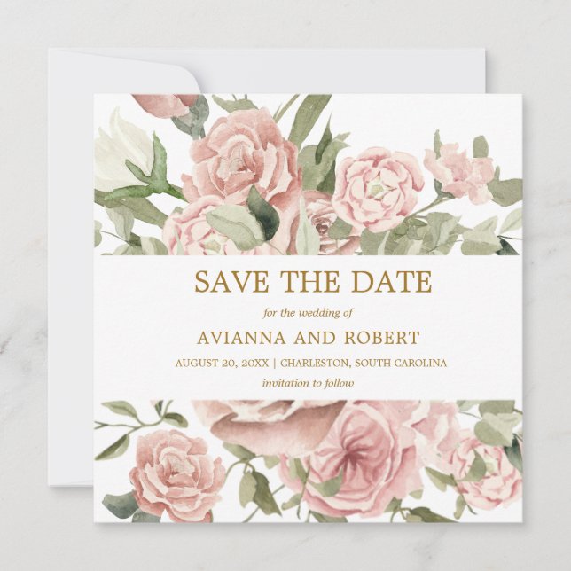 Save The Date Poussière Rose Flore Vert (Devant)
