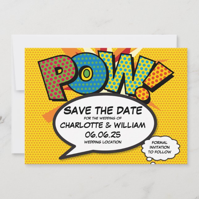 Save The Date POW Enregistrez la date Fun rétro bande dessinée P (Devant)