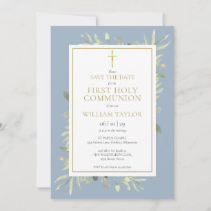 Save The Date Première Communion Dusty Blue Greenery
