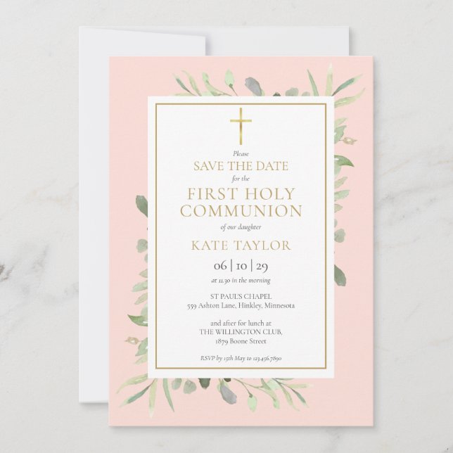 Save The Date Première Communion Vive Vert Rose (Devant)