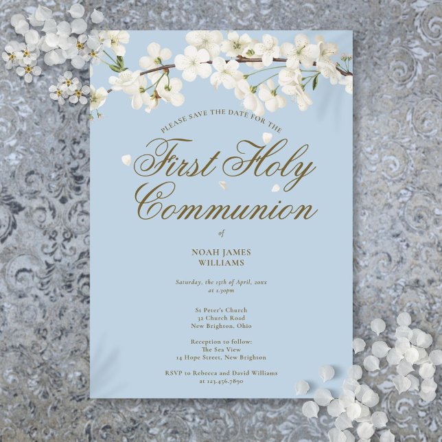 Save The Date Première Sainte Communion Bleu Floral Bleu (First Holy Communion White Blossom Floral Blue Save The Date)