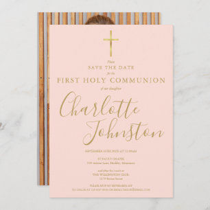 Save The Date Première Sainte Communion Blush Pink Gold Script P