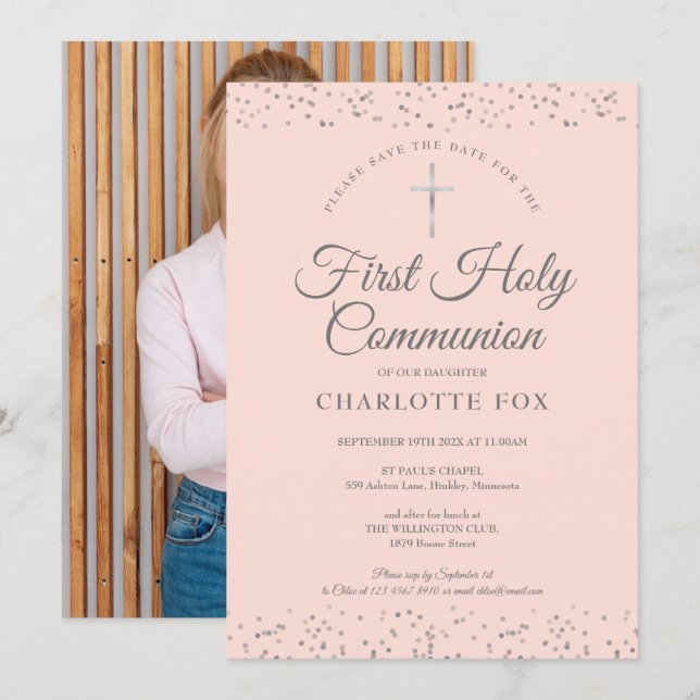 Save The Date Première Sainte Communion Blush Pink Stardust Phot (Devant / Derrière)