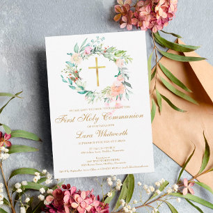 Save The Date Première Sainte Communion Croix Dorée Aquarelle Fl