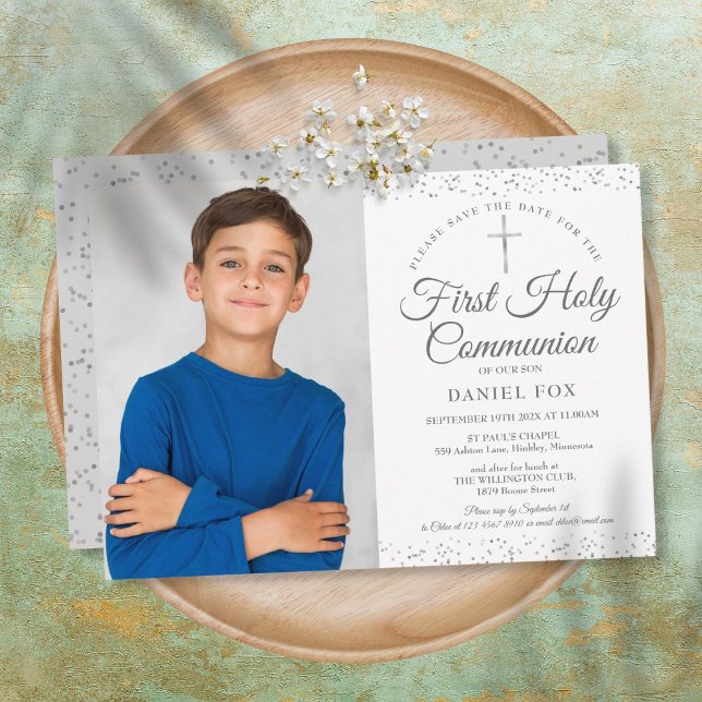 Save The Date Première Sainte Communion Élégante Photo Argent (Créateur téléchargé)