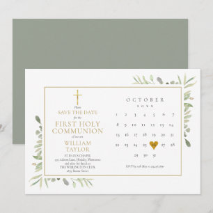 Save The Date Première Sainte Communion Élégante Verdure