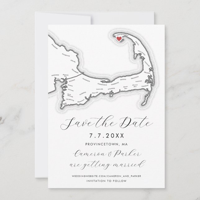 Save The Date Provincetown MA Cape Cod Map Black White Mariage (Devant)