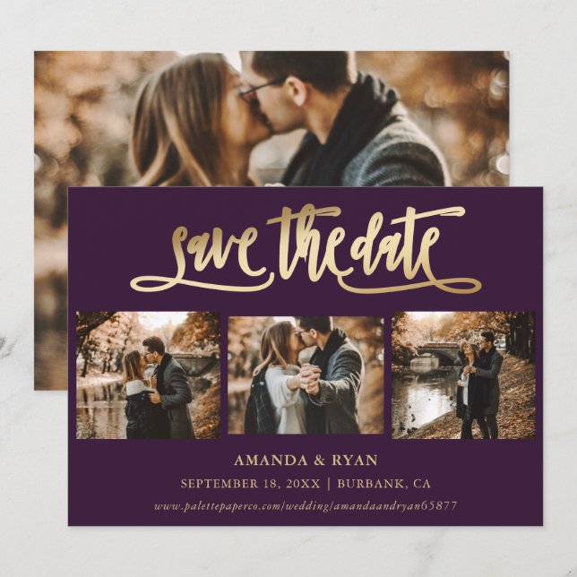 Save The Date Purple and Gold Mariage 4 Photo Enregistrer la dat (Devant / Derrière)