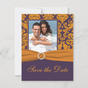 Save The Date Purple and Orange Damask Photo Enregistrer la date