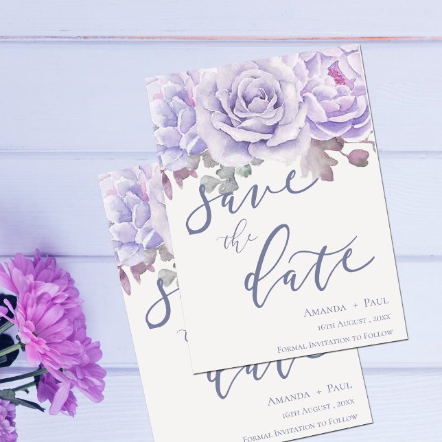 Save The Date Purple Aquarelle Floral Script Enregistrer La Date (Purple Watercolor Floral Script wedding Save The Date)