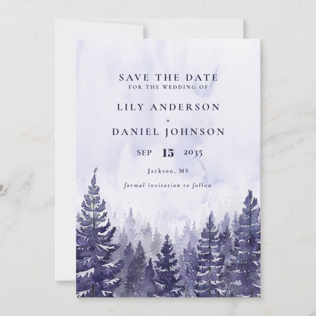 Save The Date Purple Aquarelle Pine Tree Forest Mariage photo (Devant)