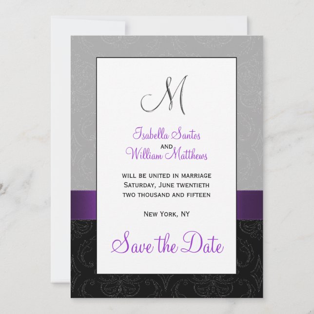 Save The Date Purple Black Damask Argent initial Enregistrer la  (Dos)