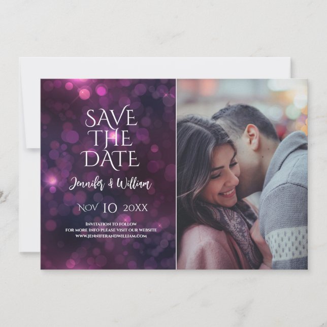 Save The Date Purple Bokeh Sparkle Design Mariage Enregistrer La (Devant)