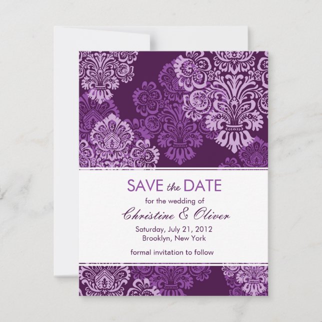 Save The Date Purple Eggplant Damask Enregistrer la date (Devant)