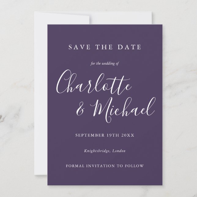 Save The Date Purple Elegant Signature Script Photo (Devant)