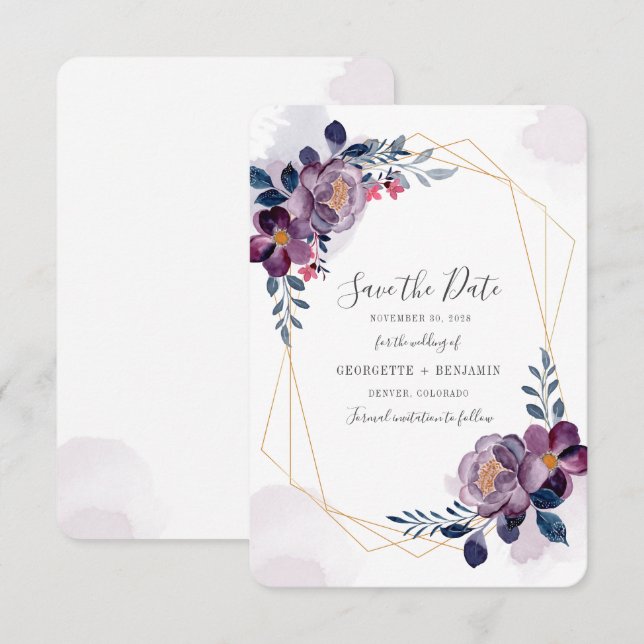 Save The Date Purple Floral Bloom Script Géométrique Enregistrer (Devant / Derrière)