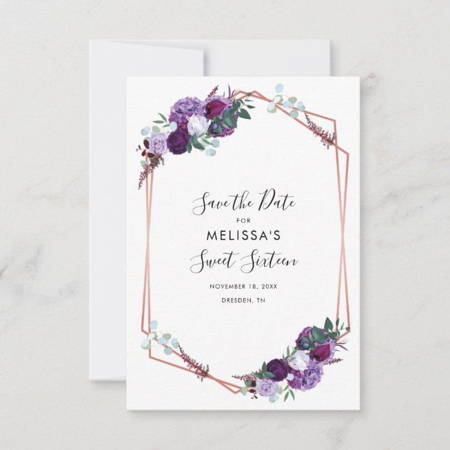 Save The Date Purple Floral Élégant Rose Or Géométrique (Devant)
