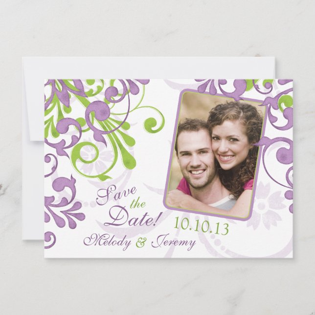 Save The Date Purple Green Floral Photo Mariage Enregistrer la d (Devant)