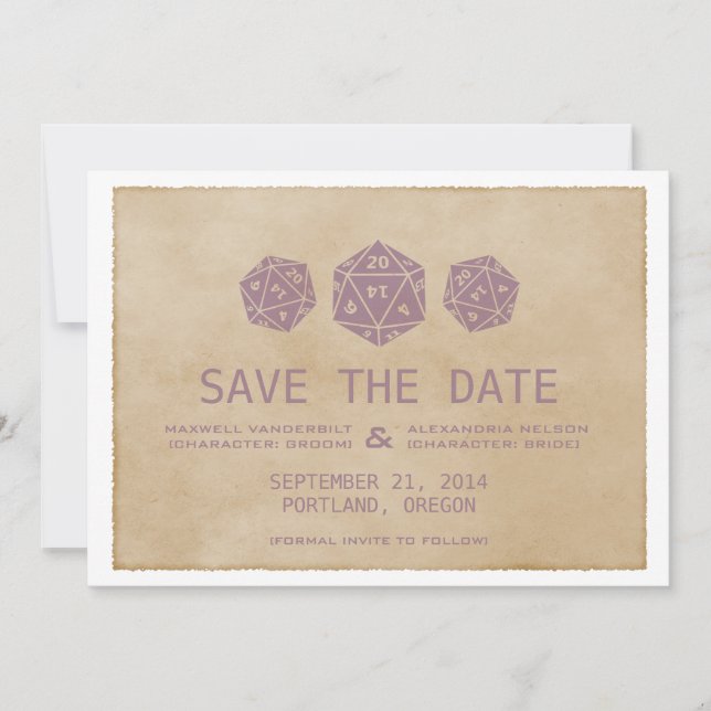 Save The Date Purple Grunge D20 Dice Gamer Enregistrer l'Invitat (Devant)