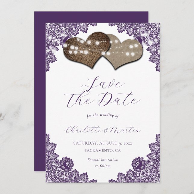 Save The Date Purple Lace Burlap Hearts Rustic Wedding (Devant / Derrière)