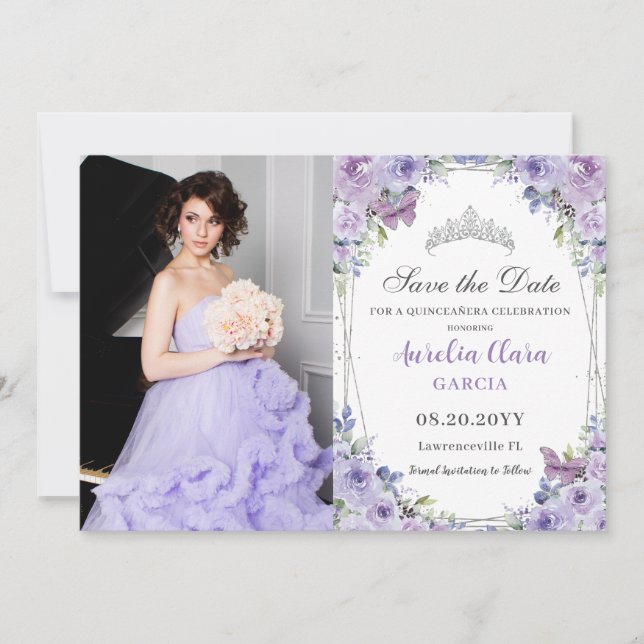 Save The Date Purple Lilac Floral Quinceañera Sweet 16 Photo (Devant)
