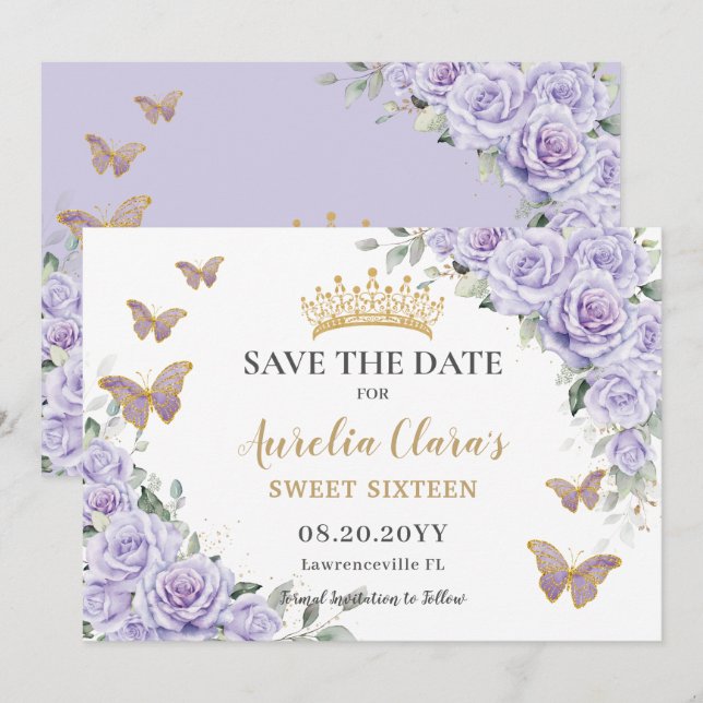 Save The Date Purple Lilac Floral Quinceañera Sweet sixteen Écon (Devant / Derrière)