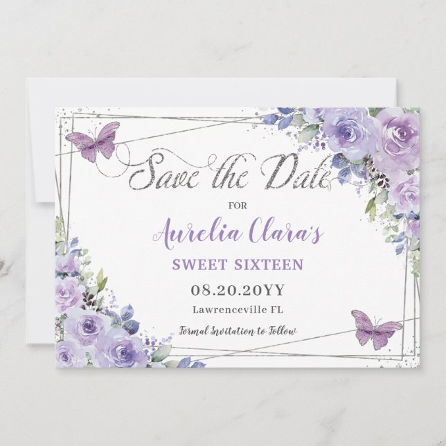 Save The Date Purple Lilac Floral Quinceañera Sweet sixteen Écon (Devant)