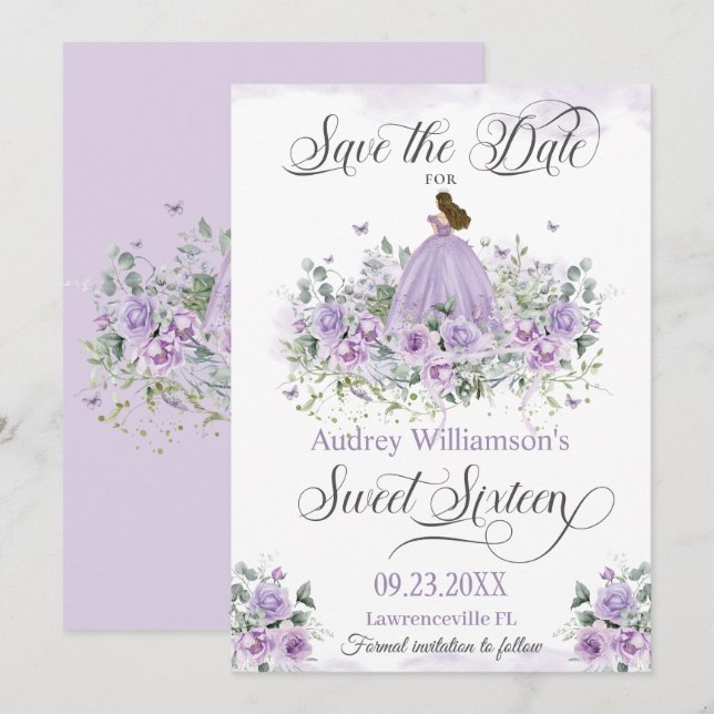 Save The Date Purple Lilac Sweet sixteen Floral 16e anniversaire (Devant / Derrière)