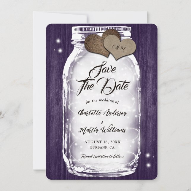 Save The Date Purple Mason Jar String éclat Rustique Mariage en  (Devant)