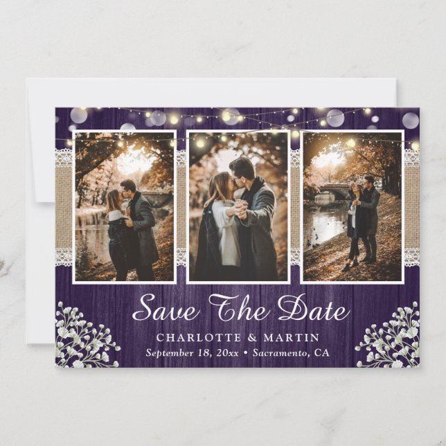 Save The Date Purple Rustic Wood Mariage de la respiration de bé (Devant)