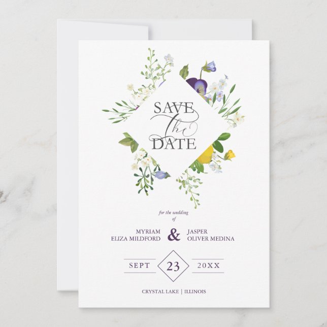 Save The Date Purple Shades Fancy Romantic Floral Bouquet (Devant)