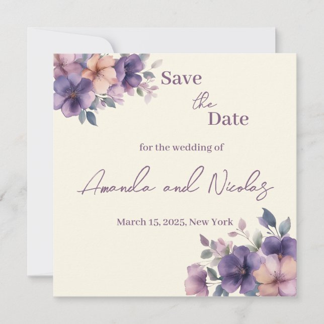 Save The Date Purplissez les fleurs roses sur Enregistrer la car (Devant)