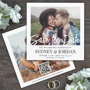 Save The Date QR Code Modern Script Photo Overlay Carré Mariage
