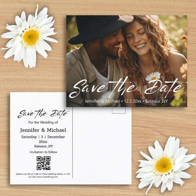 Save the Date qr Foto weiße Handschrift Ankündigungspostkarte (Von Creator hochgeladen)