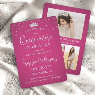 Save The Date Quinceañera 3 Photo Collage Elégant Fuschia rose
