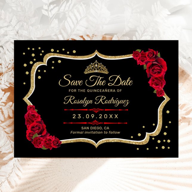 Save The Date Quinceanera Black Red Gold Floral (Créateur téléchargé)