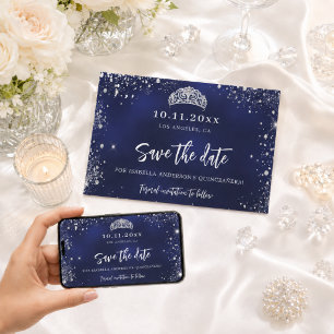 Save The Date Quinceanera bleu marine diadème argent glamour