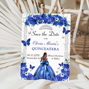 Save The Date Quinceañera Blue Floral Princess Butterflies Photo