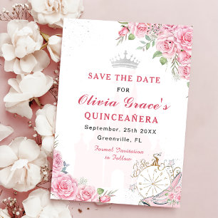 Save The Date Quinceanera Blush rose Floral Argent Couronne