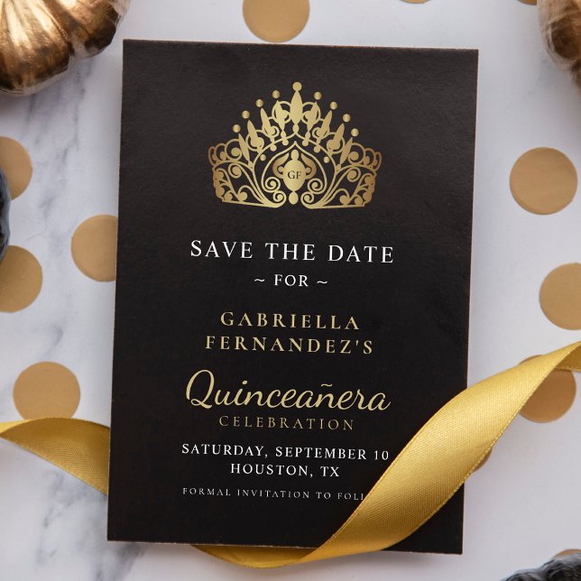 Save The Date Quinceañera Calligraphie Or Princesse Tiara Couron (Créateur téléchargé)