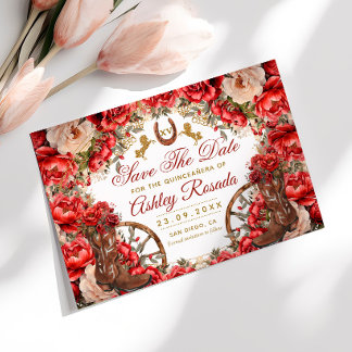 Save The Date Quinceanera Country Western Roses Rouges Bottes de