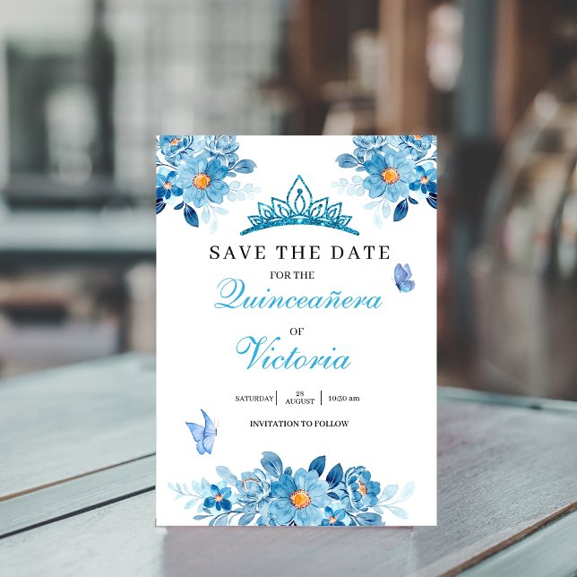 Save The Date Quinceañera couronne Baby Blue Floral Papillons (Créateur téléchargé)