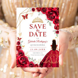 Save The Date Quinceanera Dress Red Roses Gold