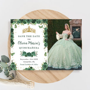 Save The Date Quinceañera Emerald Green Floral Butterflies Photo